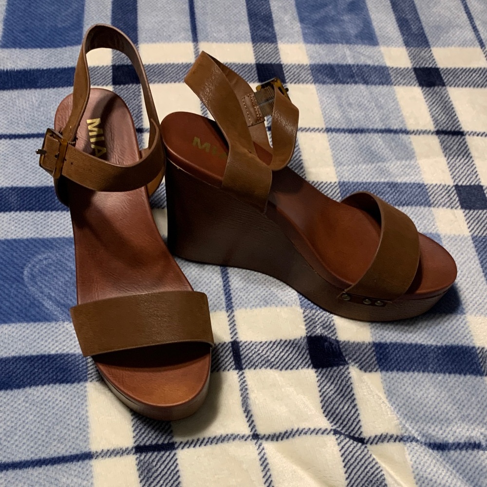 MIA Brown Leather Ankle Strap Wedge Sandals